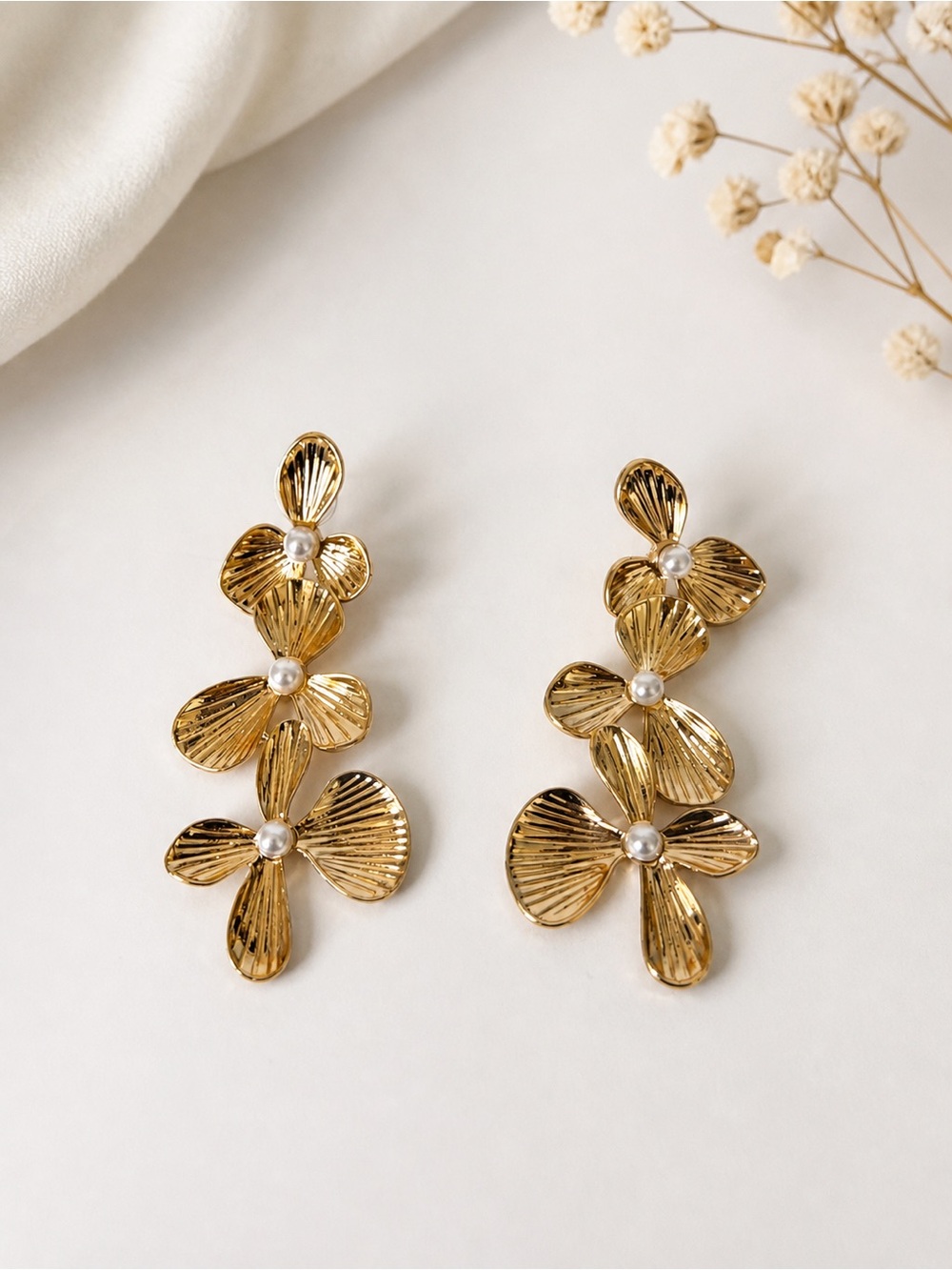 Gold Floral Drop Earrings with Pearls - Women Jewelry